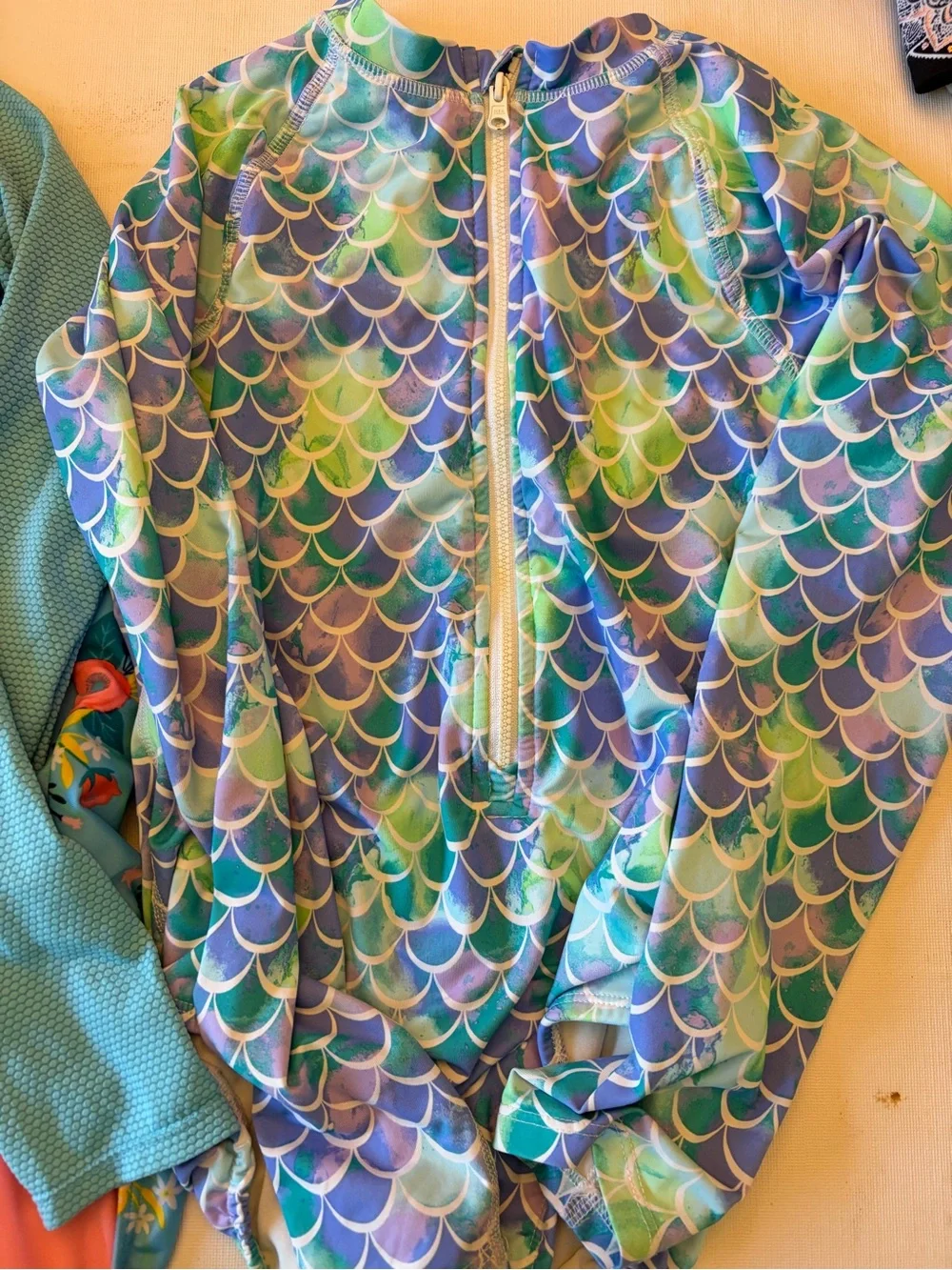 Girls 10/12 Long Sleeve Swim Suit - Teal Floral & Mermaid Print bundle